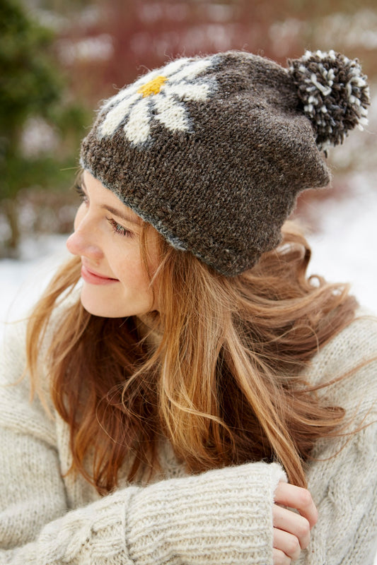 Pachamama Daisy Bobble Beanie, Hand Knitted, Sherpa Fleece Lined, Wool, Bark