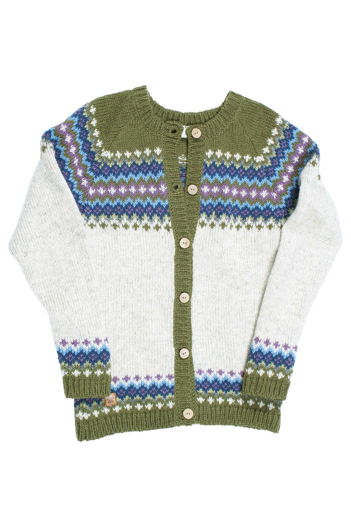 Pachamama Elgin Cardigan in Olive, Hand Knitted, Fair Trade Sourced