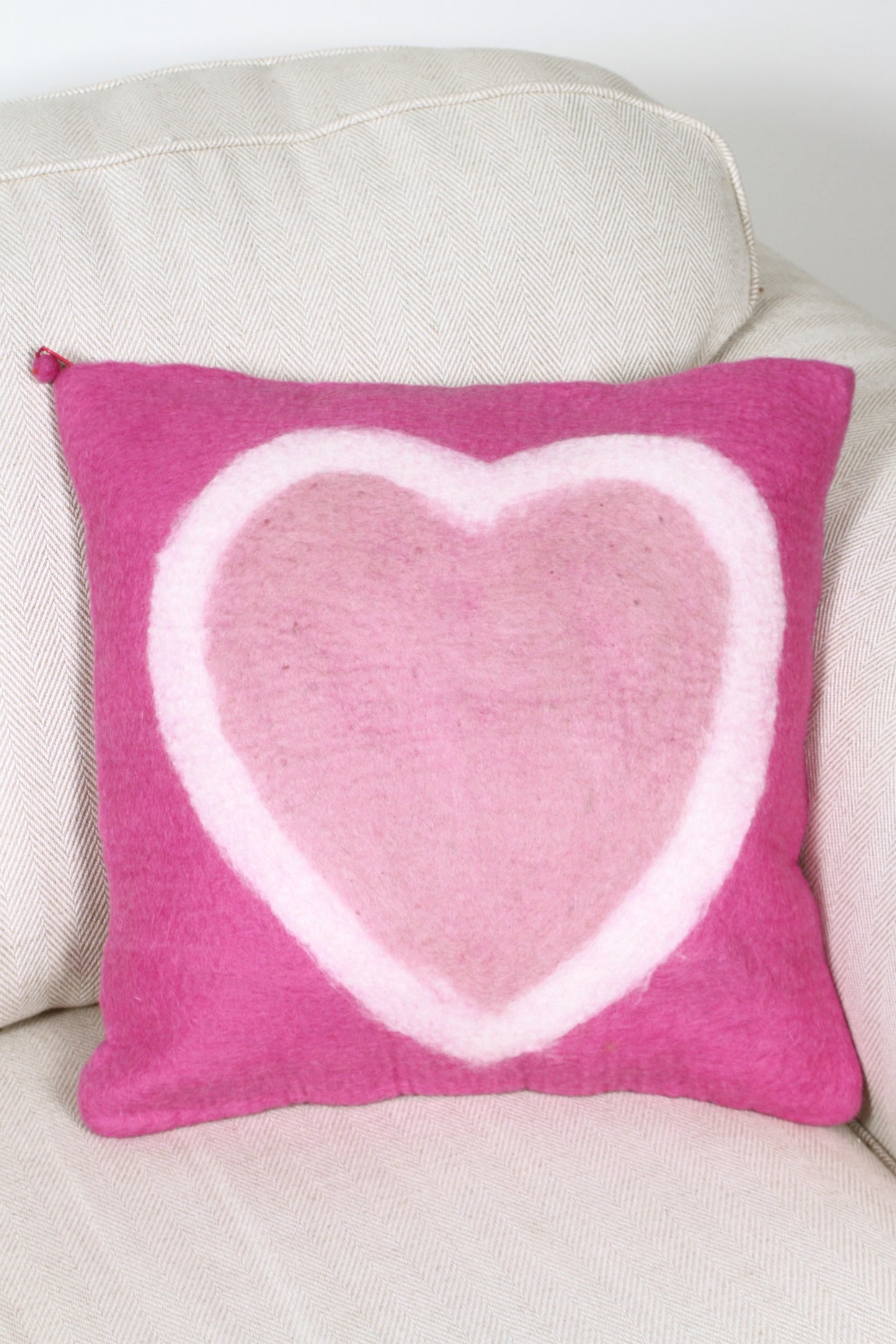 Pachamama Felted Heart Cushion In Pink With Cushion Insert  And Zip Closure